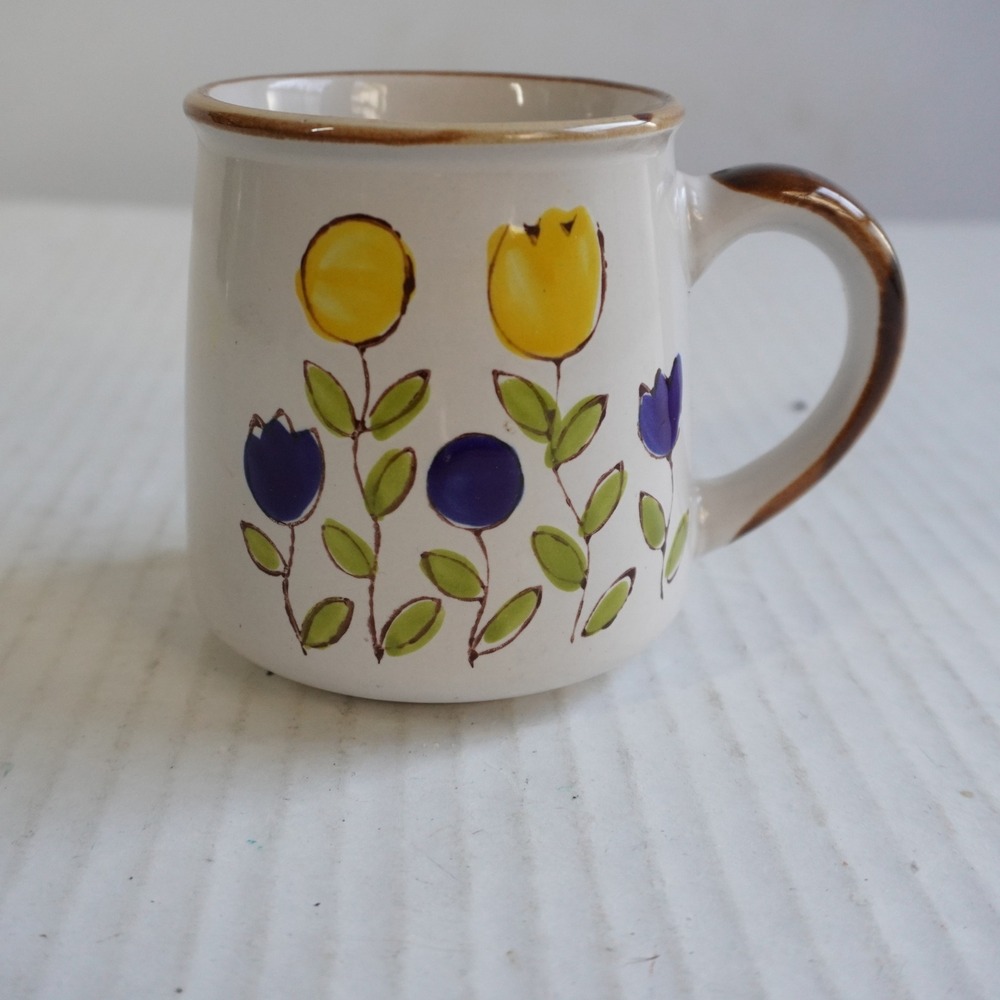 VTG Norleans Korea Ceramic Mug Floral Design Yellow Blue Tulips Brown Rim Handle